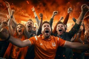 aufgeregt Niederlande Fußball Fans Jubel zum ihr Mannschaft während ein Spiel beim Stadion. ai generiert Profi Foto