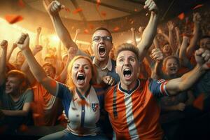 aufgeregt Niederlande Fußball Fans Jubel zum ihr Mannschaft während ein Spiel beim Stadion. ai generiert Profi Foto