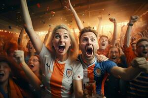 aufgeregt Niederlande Fußball Fans Jubel zum ihr Mannschaft während ein Spiel beim Stadion. ai generiert Profi Foto