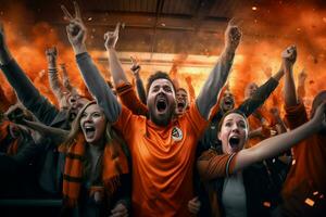 aufgeregt Niederlande Fußball Fans Jubel zum ihr Mannschaft während ein Spiel beim Stadion. ai generiert Profi Foto