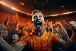 aufgeregt Niederlande Fußball Fans Jubel zum ihr Mannschaft während ein Spiel beim Stadion. ai generiert Profi Foto