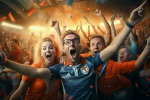 aufgeregt Niederlande Fußball Fans Jubel zum ihr Mannschaft während ein Spiel beim Stadion. ai generiert Profi Foto