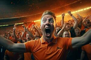 aufgeregt Niederlande Fußball Fans Jubel zum ihr Mannschaft während ein Spiel beim Stadion. ai generiert Profi Foto