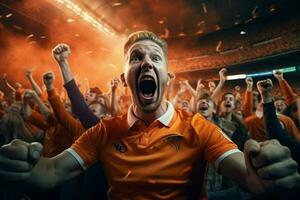 aufgeregt Niederlande Fußball Fans Jubel zum ihr Mannschaft während ein Spiel beim Stadion. ai generiert Profi Foto