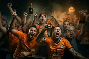 aufgeregt Niederlande Fußball Fans Jubel zum ihr Mannschaft während ein Spiel beim Stadion. ai generiert Profi Foto