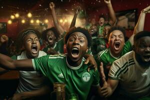 aufgeregt Nigeria Fußball Fans Jubel zum ihr Mannschaft während ein Spiel beim Stadion. ai generiert Profi Foto