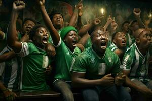 aufgeregt Nigeria Fußball Fans Jubel zum ihr Mannschaft während ein Spiel beim Stadion. ai generiert Profi Foto