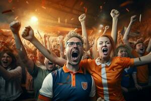 aufgeregt Niederlande Fußball Fans Jubel zum ihr Mannschaft während ein Spiel beim Stadion. ai generiert Profi Foto