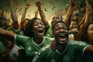 aufgeregt Nigeria Fußball Fans Jubel zum ihr Mannschaft während ein Spiel beim Stadion. ai generiert Profi Foto