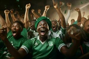 aufgeregt Nigeria Fußball Fans Jubel zum ihr Mannschaft während ein Spiel beim Stadion. ai generiert Profi Foto