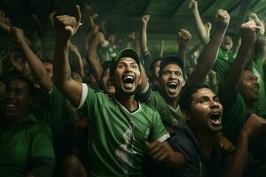 aufgeregt Bangladesch Fußball Fans Jubel zum ihr Mannschaft während ein Spiel beim Stadion. ai generiert Profi Foto