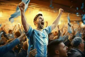 aufgeregt Argentinien Fußball Fans Jubel zum ihr Mannschaft während ein Spiel beim Stadion. ai generiert Profi Foto