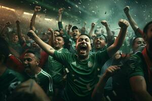 aufgeregt Bangladesch Fußball Fans Jubel zum ihr Mannschaft während ein Spiel beim Stadion. ai generiert Profi Foto