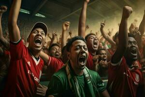 aufgeregt Bangladesch Fußball Fans Jubel zum ihr Mannschaft während ein Spiel beim Stadion. ai generiert Profi Foto