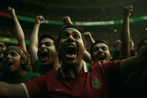 aufgeregt Bangladesch Fußball Fans Jubel zum ihr Mannschaft während ein Spiel beim Stadion. ai generiert Profi Foto