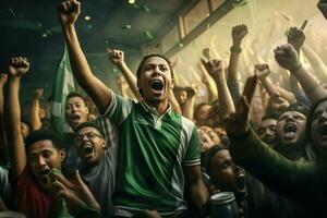 aufgeregt Bangladesch Fußball Fans Jubel zum ihr Mannschaft während ein Spiel beim Stadion. ai generiert Profi Foto