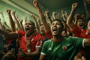 aufgeregt Bangladesch Fußball Fans Jubel zum ihr Mannschaft während ein Spiel beim Stadion. ai generiert Profi Foto