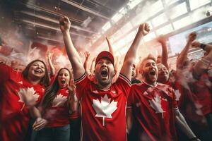 aufgeregt Kanada Fußball Fans Jubel zum ihr Mannschaft während ein Spiel beim Stadion. ai generiert Profi Foto