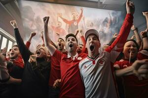 aufgeregt Kanada Fußball Fans Jubel zum ihr Mannschaft während ein Spiel beim Stadion. ai generiert Profi Foto