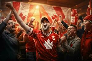 aufgeregt Kanada Fußball Fans Jubel zum ihr Mannschaft während ein Spiel beim Stadion. ai generiert Profi Foto