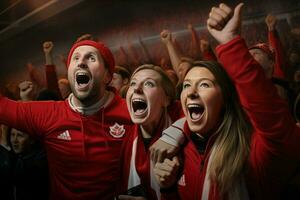 aufgeregt Kanada Fußball Fans Jubel zum ihr Mannschaft während ein Spiel beim Stadion. ai generiert Profi Foto