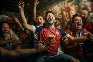 aufgeregt Costa Rica Fußball Fans Jubel zum ihr Mannschaft während ein Spiel beim Stadion. ai generiert Profi Foto