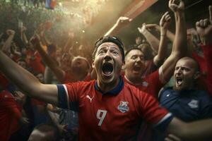aufgeregt Costa Rica Fußball Fans Jubel zum ihr Mannschaft während ein Spiel beim Stadion. ai generiert Profi Foto