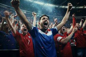 aufgeregt Costa Rica Fußball Fans Jubel zum ihr Mannschaft während ein Spiel beim Stadion. ai generiert Profi Foto