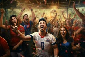 aufgeregt Costa Rica Fußball Fans Jubel zum ihr Mannschaft während ein Spiel beim Stadion. ai generiert Profi Foto