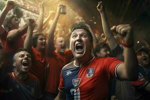 aufgeregt Costa Rica Fußball Fans Jubel zum ihr Mannschaft während ein Spiel beim Stadion. ai generiert Profi Foto