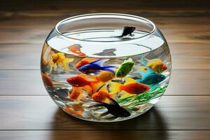 Goldfisch im ein runden Glas Aquarium auf ein hölzern Tabelle im das Zimmer. ai generiert Profi Foto