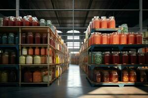 groß Warenhaus mit Behälter voll von Dosen- Lebensmittel. 3d Rendern getönt Bild. ai generiert Profi Foto