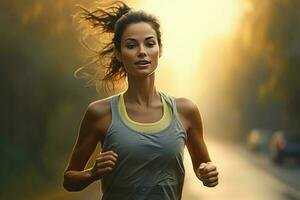 jung Frau Laufen im das Regen. Sport und gesund Lebensstil Konzept. ai generiert Profi Foto