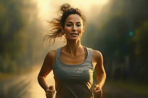 jung Frau Laufen im das Regen. Sport und gesund Lebensstil Konzept. ai generiert Profi Foto