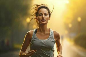 jung Frau Laufen im das Regen. Sport und gesund Lebensstil Konzept. ai generiert Profi Foto