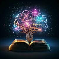 öffnen Buch mit glühend Gehirn Baum auf dunkel Hintergrund. ai generiert Profi Foto