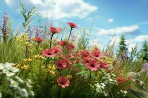 Blume Wiese mit Lupinen und Gänseblümchen. ai generiert Profi Foto