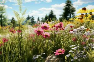 Blume Wiese mit Lupinen und Gänseblümchen. ai generiert Profi Foto