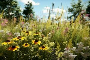 Blume Wiese mit Lupinen und Gänseblümchen. ai generiert Profi Foto