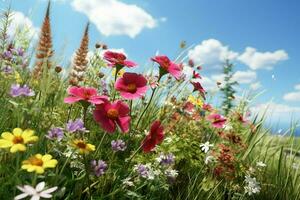 Blume Wiese mit Lupinen und Gänseblümchen. ai generiert Profi Foto