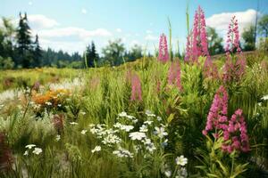 Blume Wiese mit Lupinen und Gänseblümchen. ai generiert Profi Foto