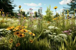 Blume Wiese mit Lupinen und Gänseblümchen. ai generiert Profi Foto