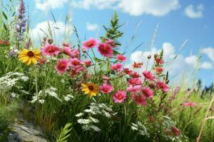Blume Wiese mit Lupinen und Gänseblümchen. ai generiert Profi Foto