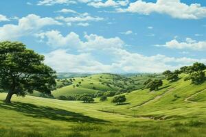 Grün Tee Plantage Landschaft mit Bäume und Blau Himmel. Natur Hintergrund. ai generiert Profi Foto