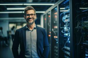 Porträt von zuversichtlich Geschäftsmann Stehen im Vorderseite von Computer Monitore im Büro. ai generiert Profi Foto