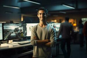 Porträt von zuversichtlich Geschäftsmann Stehen im Vorderseite von Computer Monitore im Büro. ai generiert Profi Foto