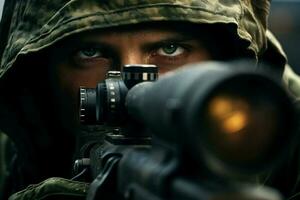 Nahansicht von ein Soldat mit Angriff Gewehr. selektiv Fokus. ai generiert Profi Foto