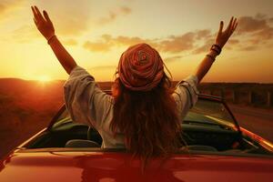 glücklich jung Frau mit Waffen ausgestreckt Stehen im Cabrio Auto beim Sonnenuntergang. ai generiert Profi Foto