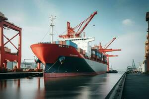 Container Ladung Fracht Schiff mit Arbeiten Kran Brücke im Werft zum logistisch importieren Export Hintergrund. ai generiert Profi Foto