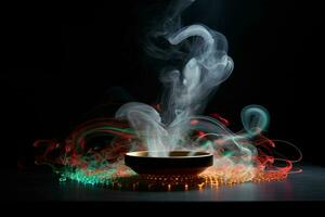 Weihrauch im ein Schüssel auf ein schwarz Hintergrund mit Rauch und Feuer. ai generiert Profi Foto